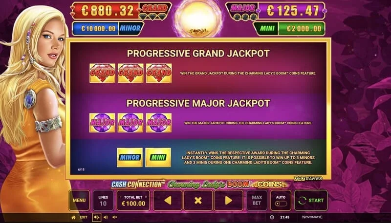 Cash Connection - Charming Lady's Boom Coins - tabella dei Jackpot Mini, Minor, Major e Grand