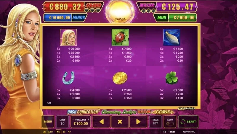 Cash Connection - Charming Lady's Boom Coins - mini-gioco Boom Spins su griglia estesa